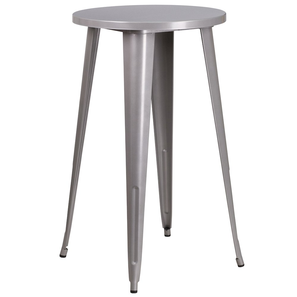 24" Round Silver Metal Indoor-Outdoor Bar Table Set with 4 Seat Backless Stools. Picture 4