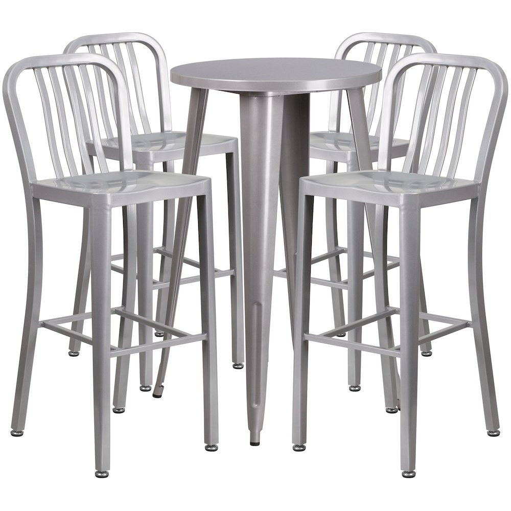 Commercial Grade 24" Round Silver Metal Indoor-Outdoor Bar Table Set with 4 Vertical Slat Back Stools. Picture 1