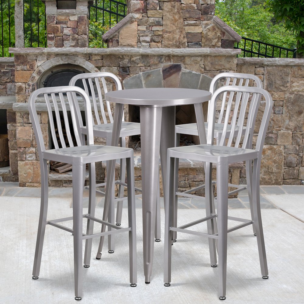 Commercial Grade 24" Round Silver Metal Indoor-Outdoor Bar Table Set with 4 Vertical Slat Back Stools. Picture 4