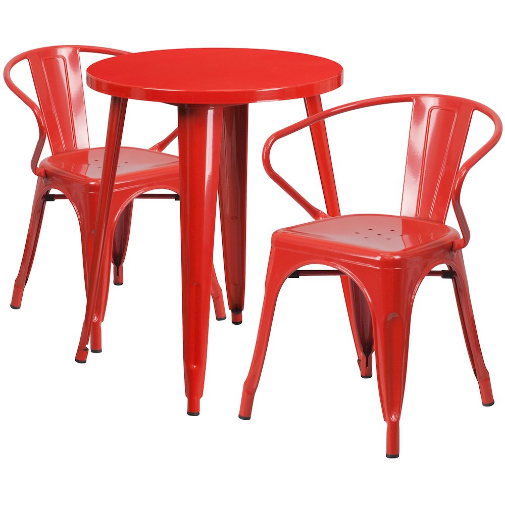 24" Round Red Metal Indoor-Outdoor Table Set with 2 Arm Chairs. Picture 1