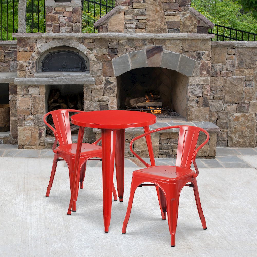 24" Round Red Metal Indoor-Outdoor Table Set with 2 Arm Chairs. Picture 2