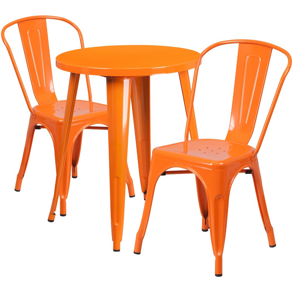 24" Round Orange Metal Indoor-Outdoor Table Set with 2 Cafe Chairs. Picture 1