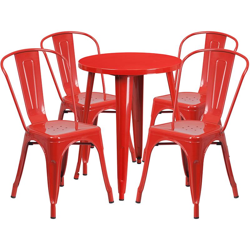 24" Round Red Metal Indoor-Outdoor Table Set with 4 Cafe Chairs. Picture 2