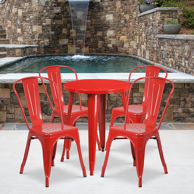 24" Round Red Metal Indoor-Outdoor Table Set with 4 Cafe Chairs. Picture 1