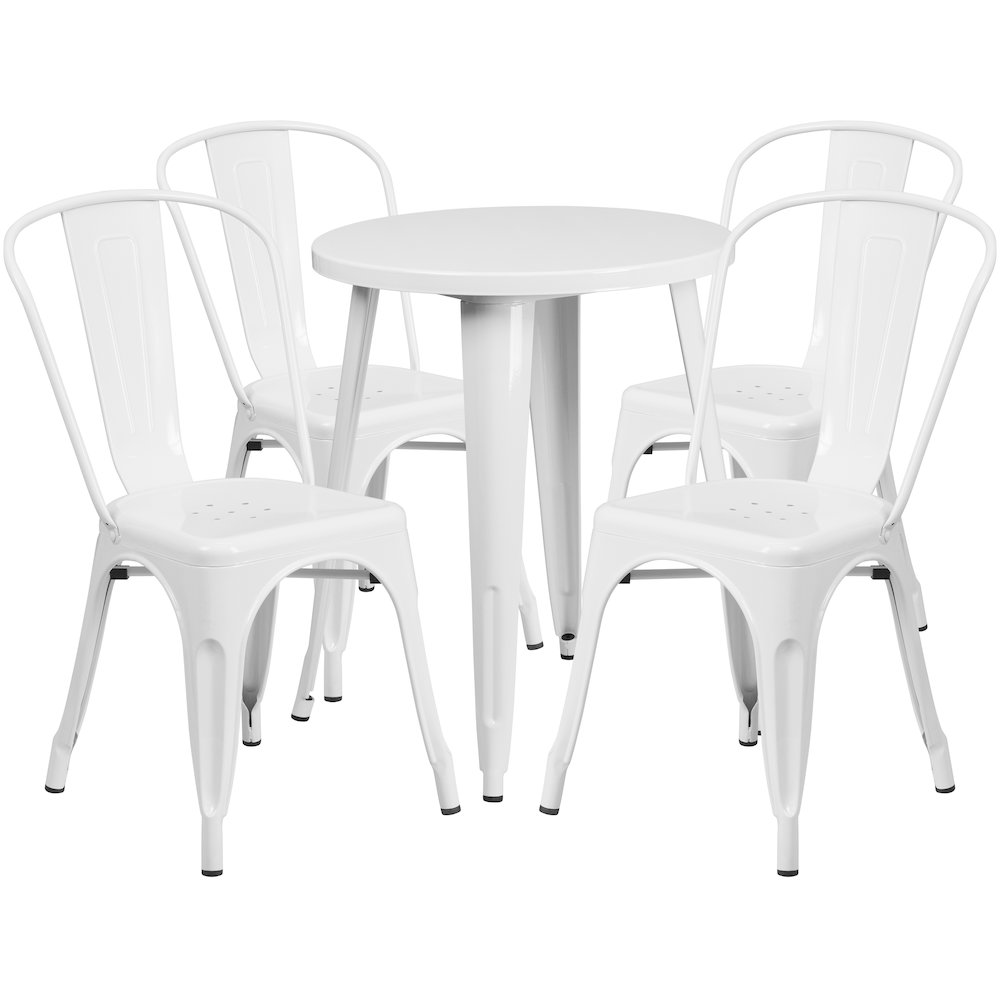 24" Round White Metal Indoor-Outdoor Table Set with 4 Cafe Chairs. Picture 1