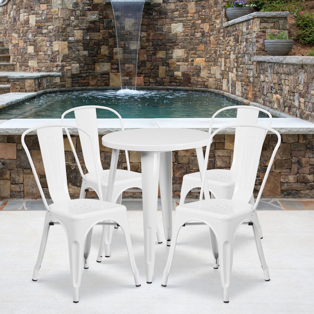 24" Round White Metal Indoor-Outdoor Table Set with 4 Cafe Chairs. Picture 2