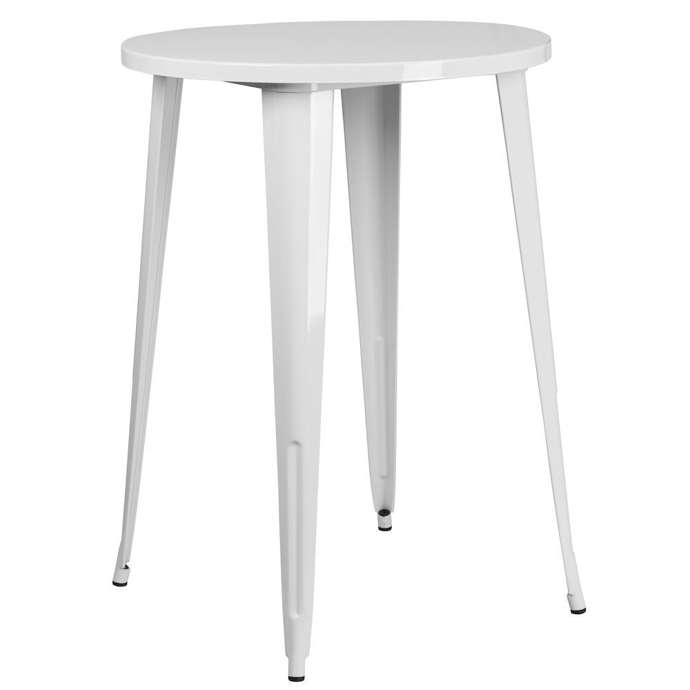 Commercial Grade 30" Round White Metal Indoor-Outdoor Bar Height Table. Picture 1
