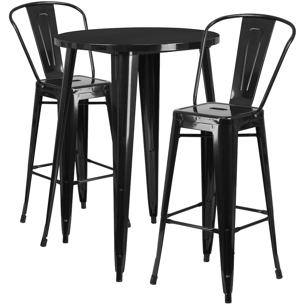 30" Round Black Metal Indoor-Outdoor Bar Table Set with 2 Cafe Stools. Picture 1