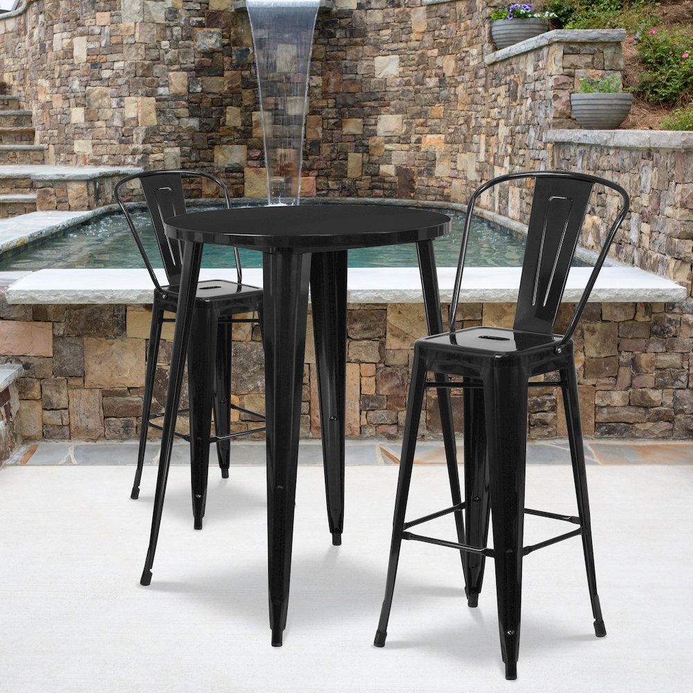 30" Round Black Metal Indoor-Outdoor Bar Table Set with 2 Cafe Stools. Picture 2