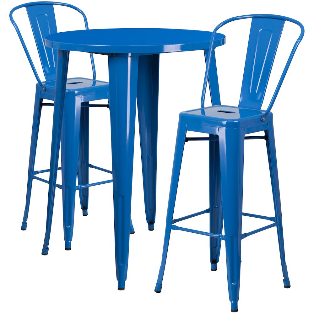 30" Round Blue Metal Indoor-Outdoor Bar Table Set with 2 Cafe Stools. Picture 1