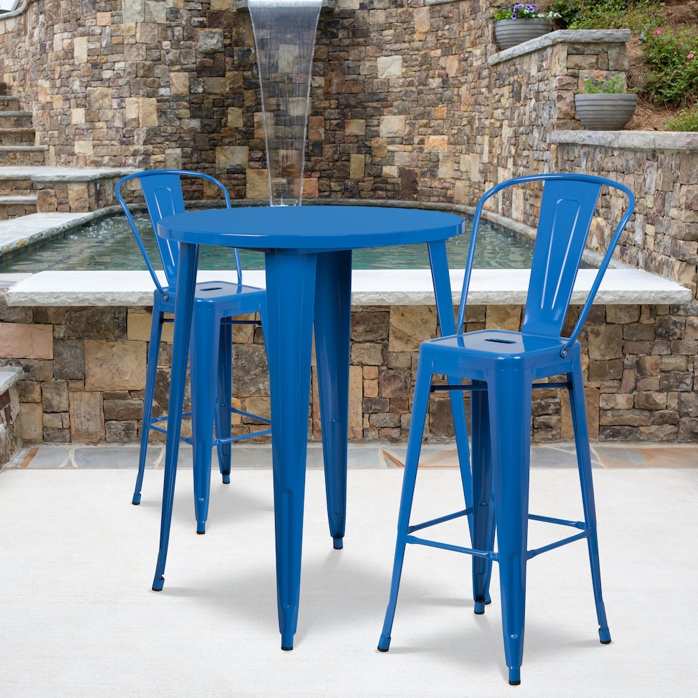 30" Round Blue Metal Indoor-Outdoor Bar Table Set with 2 Cafe Stools. Picture 2