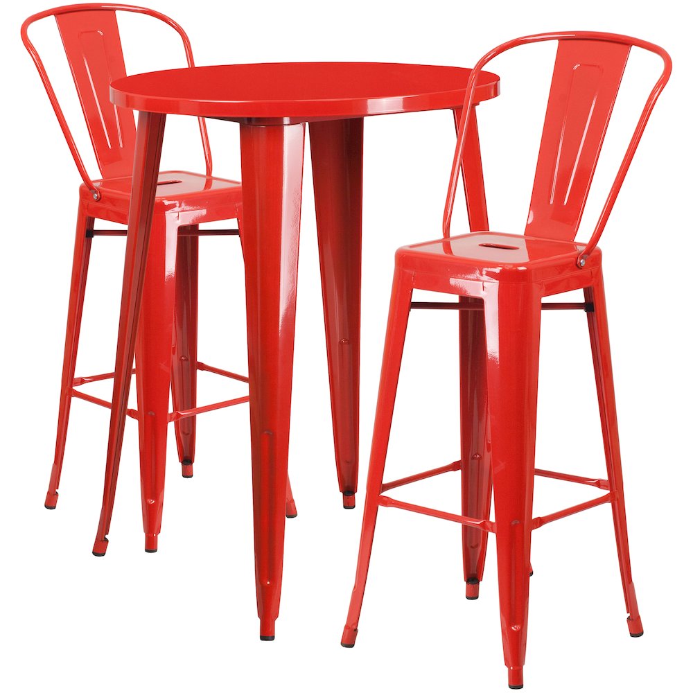 30" Round Red Metal Indoor-Outdoor Bar Table Set with 2 Cafe Stools. Picture 1
