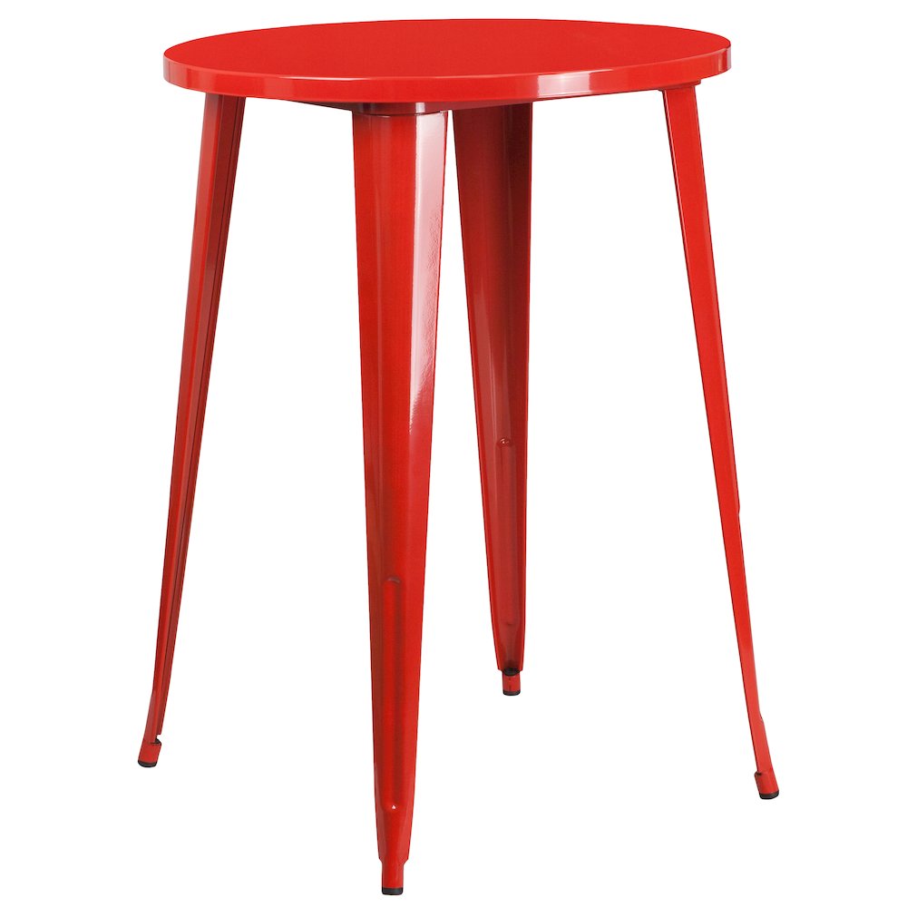 30" Round Red Metal Indoor-Outdoor Bar Table Set with 2 Cafe Stools. Picture 4