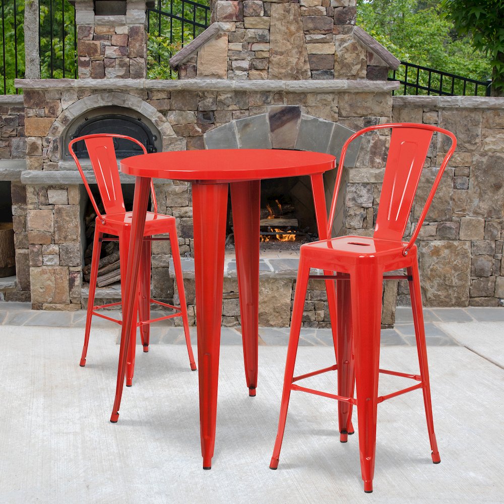 30" Round Red Metal Indoor-Outdoor Bar Table Set with 2 Cafe Stools. Picture 2