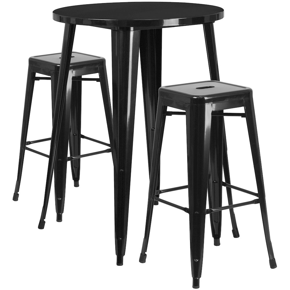 30" Round Black Metal Indoor-Outdoor Bar Table Set with 2 Seat Backless Stools. Picture 1
