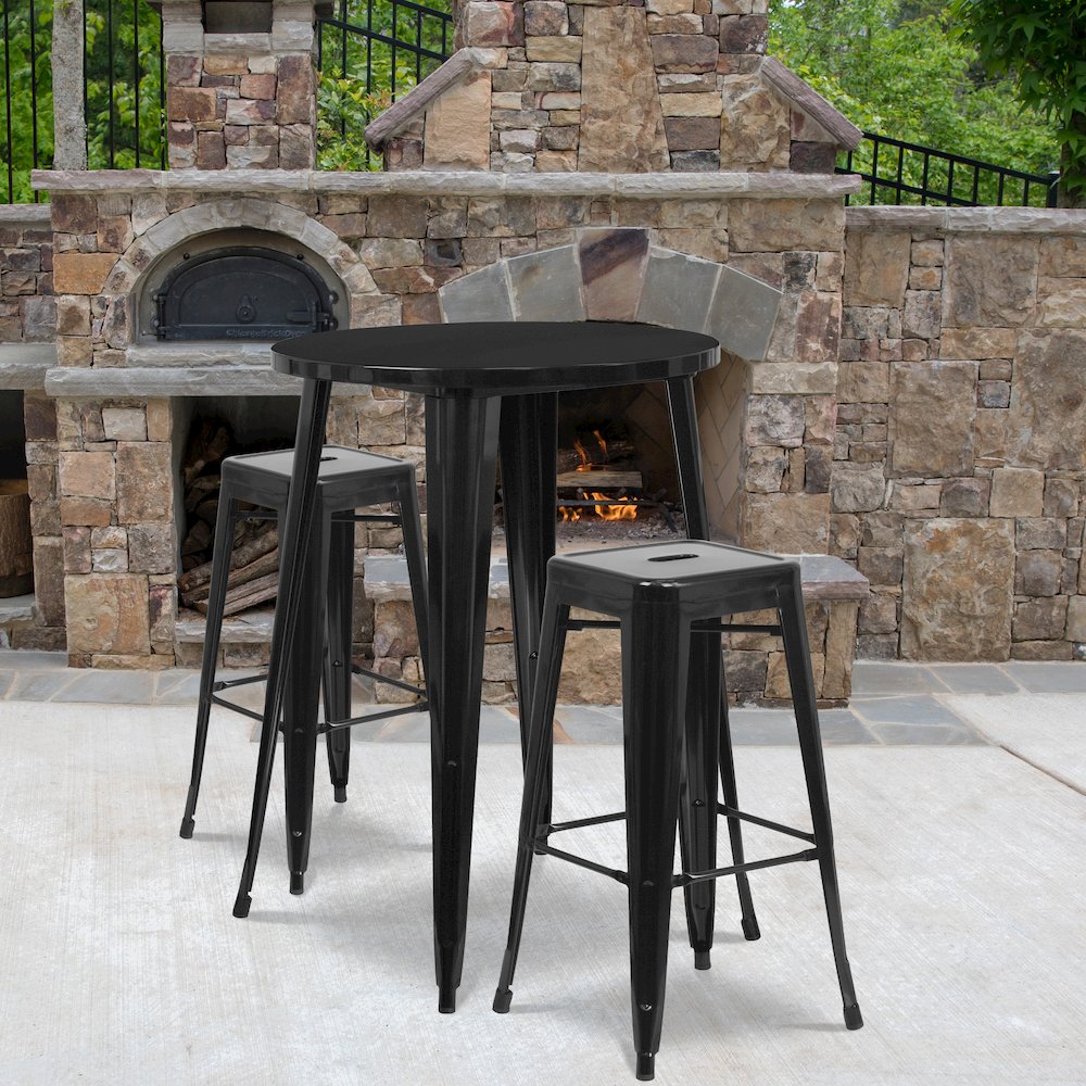 30" Round Black Metal Indoor-Outdoor Bar Table Set with 2 Seat Backless Stools. Picture 2
