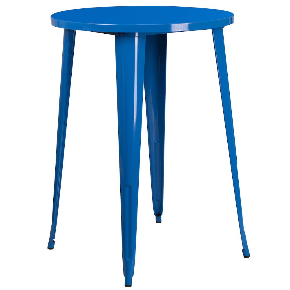 30" Round Blue Metal Indoor-Outdoor Bar Table Set with 2 Seat Backless Stools. Picture 4