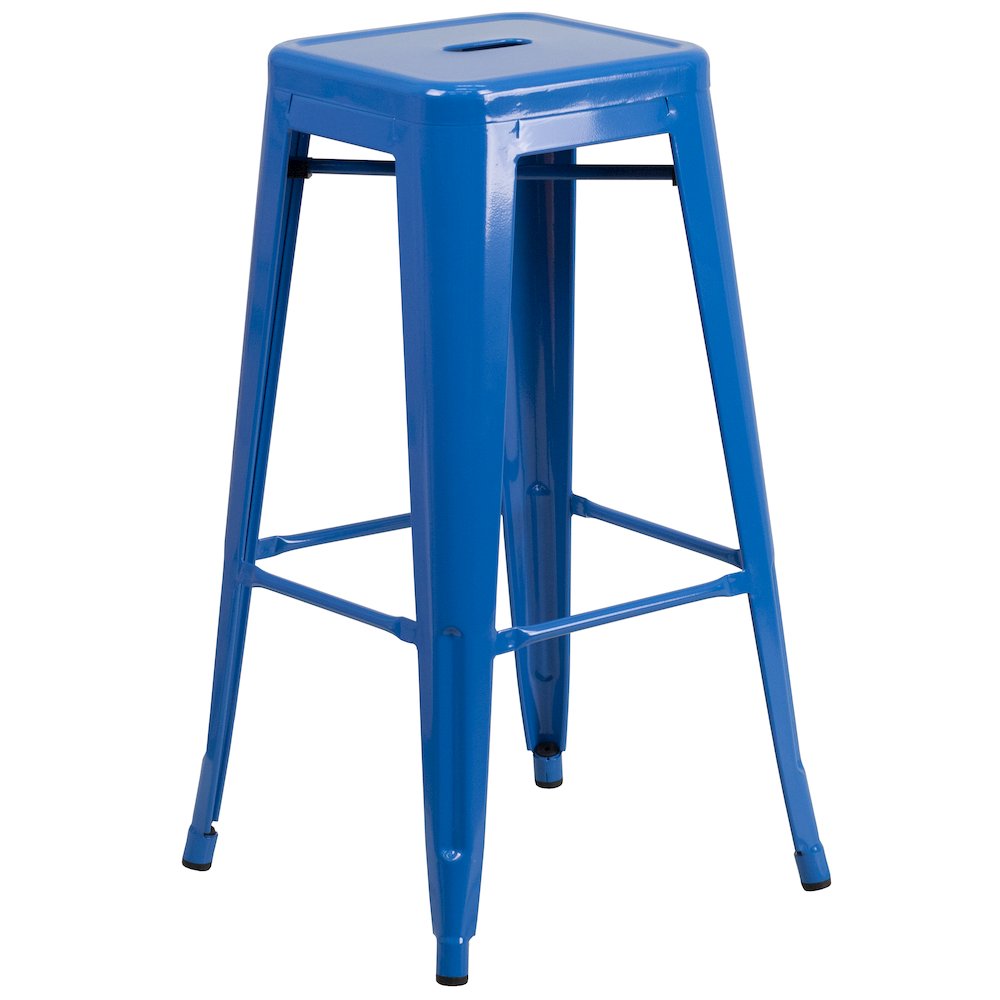 30" Round Blue Metal Indoor-Outdoor Bar Table Set with 2 Seat Backless Stools. Picture 5