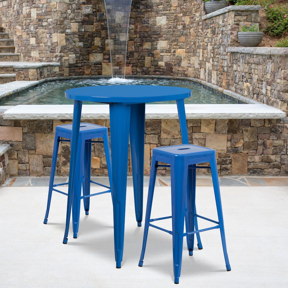 30" Round Blue Metal Indoor-Outdoor Bar Table Set with 2 Seat Backless Stools. Picture 2
