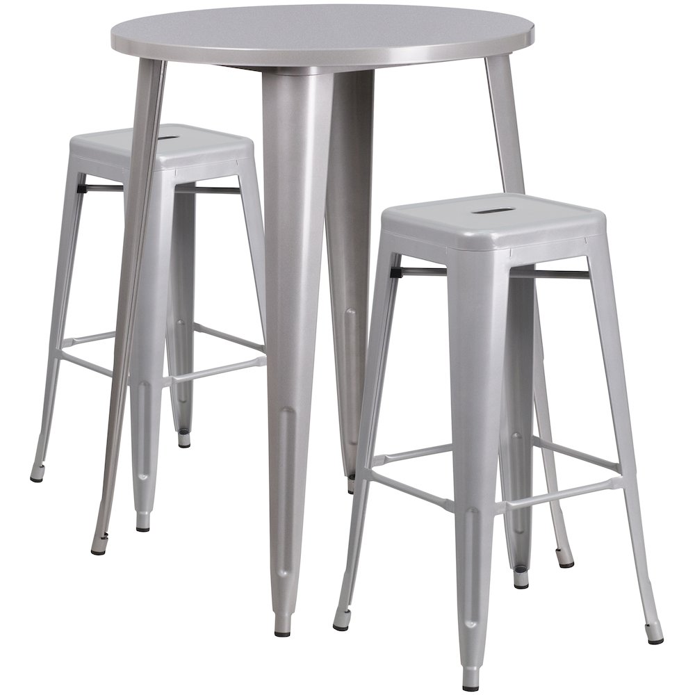 30" Round Silver Metal Indoor-Outdoor Bar Table Set with 2 Seat Backless Stools. Picture 1