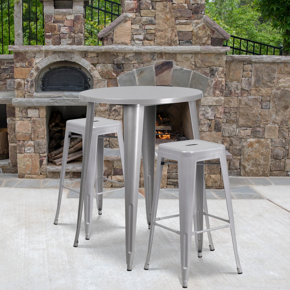 30" Round Silver Metal Indoor-Outdoor Bar Table Set with 2 Seat Backless Stools. Picture 2