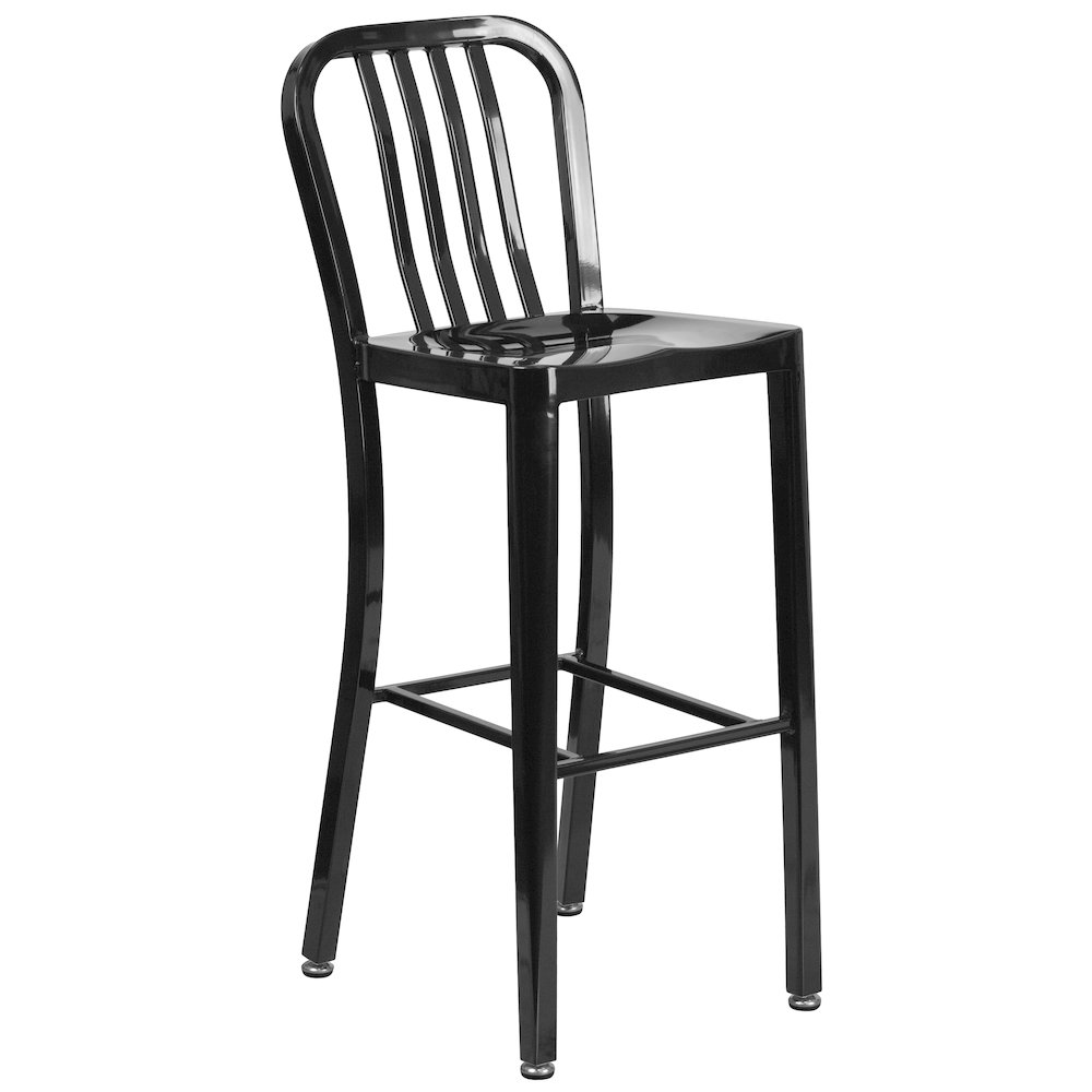Commercial Grade 30" Round Black Metal Indoor-Outdoor Bar Table Set with 2 Vertical Slat Back Stools. Picture 3