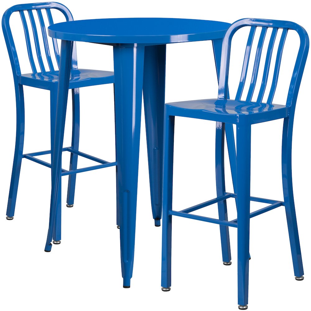Commercial Grade 30" Round Blue Metal Indoor-Outdoor Bar Table Set with 2 Vertical Slat Back Stools. Picture 1