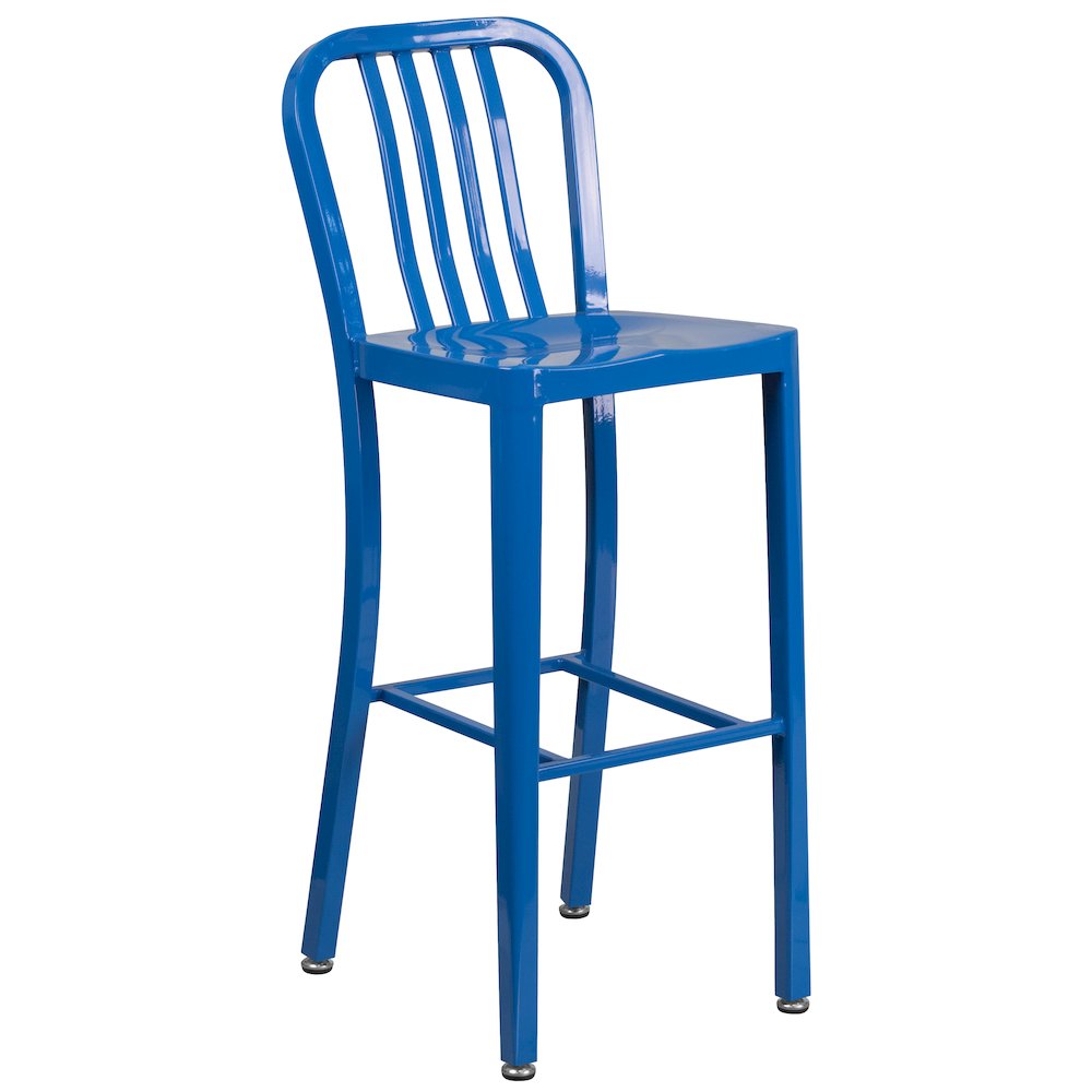 Commercial Grade 30" Round Blue Metal Indoor-Outdoor Bar Table Set with 2 Vertical Slat Back Stools. Picture 3