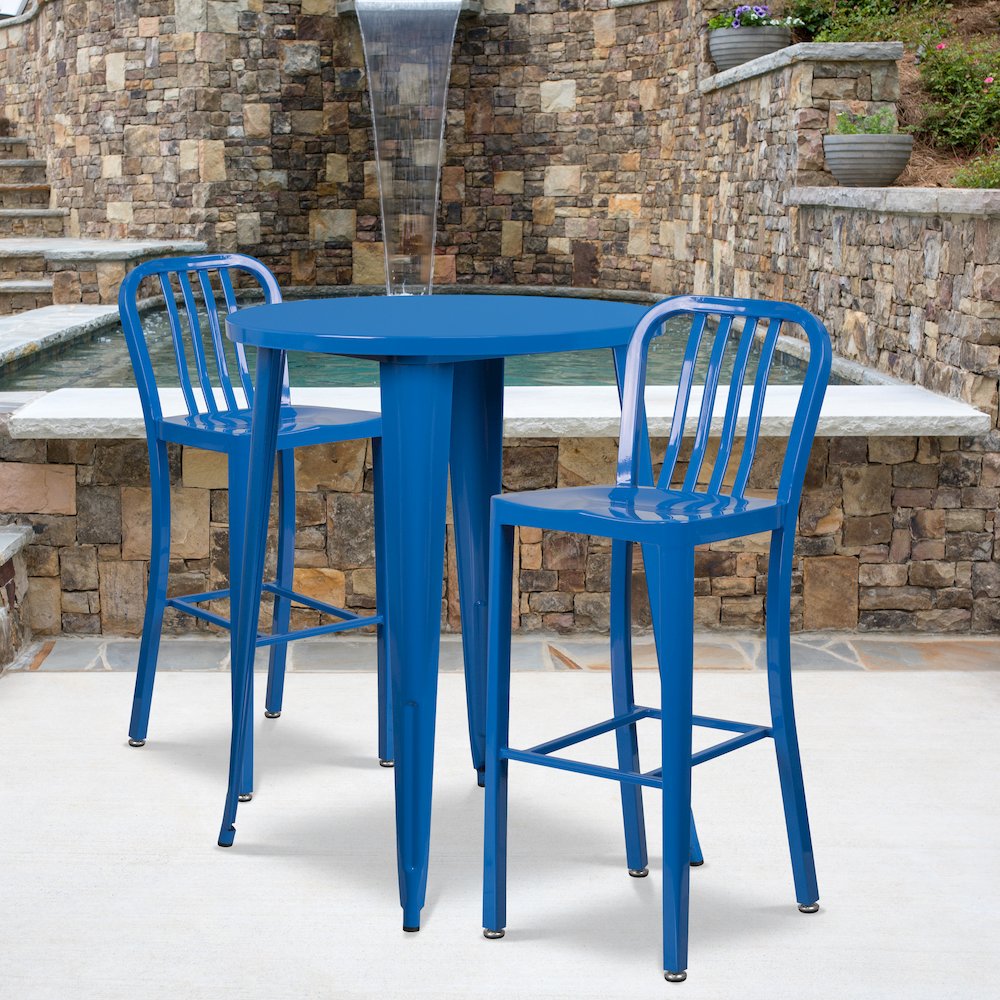 Commercial Grade 30" Round Blue Metal Indoor-Outdoor Bar Table Set with 2 Vertical Slat Back Stools. Picture 4
