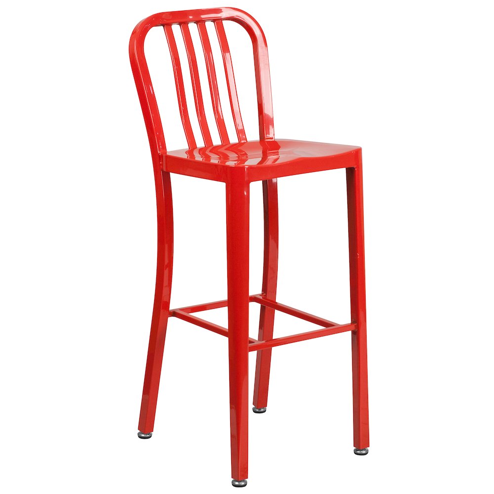Commercial Grade 30" Round Red Metal Indoor-Outdoor Bar Table Set with 2 Vertical Slat Back Stools. Picture 3