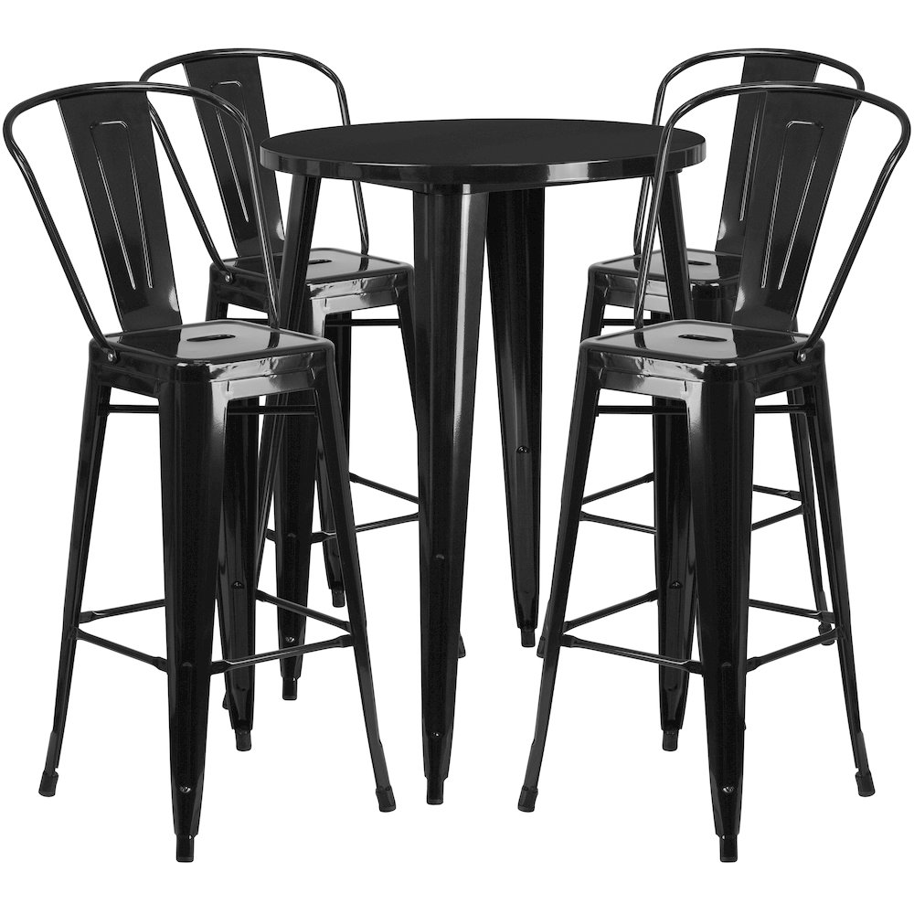 Commercial Grade 30" Round Black Metal Indoor-Outdoor Bar Table Set with 4 Cafe Stools. Picture 1