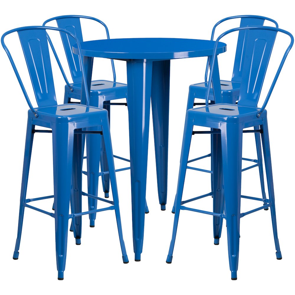 30" Round Blue Metal Indoor-Outdoor Bar Table Set with 4 Cafe Stools. Picture 1