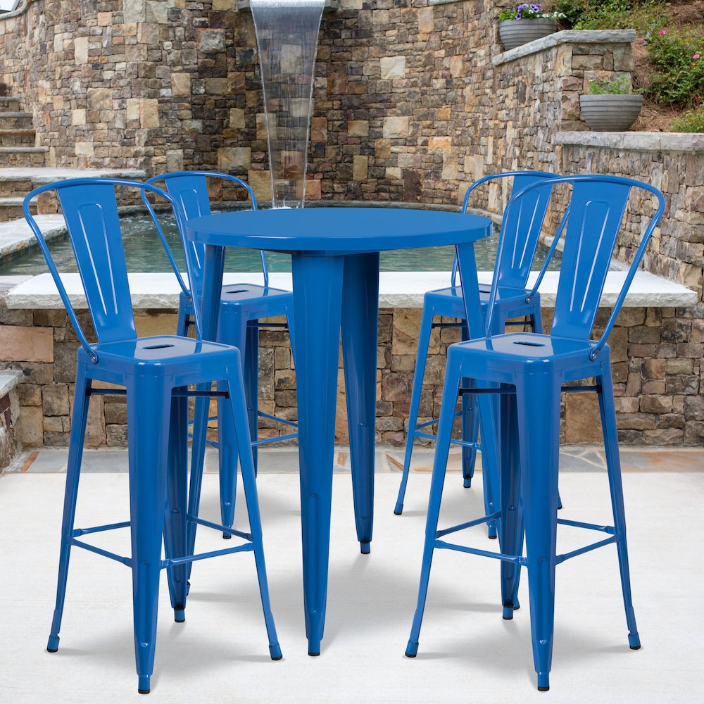 30" Round Blue Metal Indoor-Outdoor Bar Table Set with 4 Cafe Stools. Picture 2