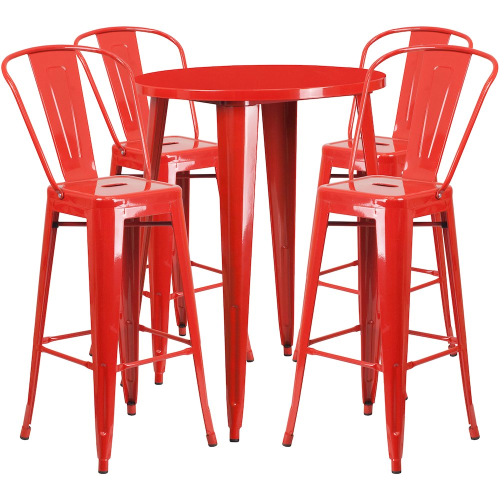 30" Round Red Metal Indoor-Outdoor Bar Table Set with 4 Cafe Stools. Picture 1