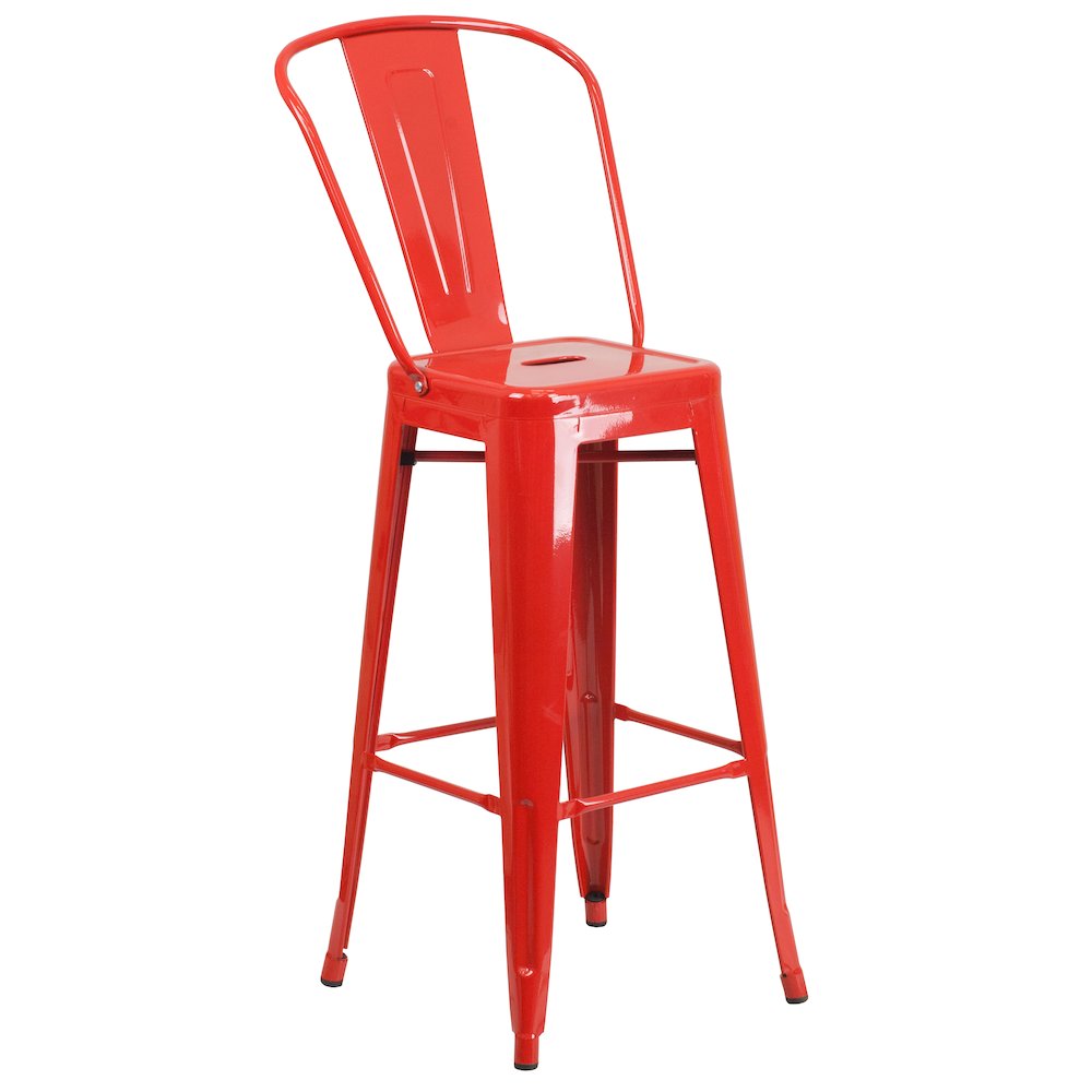 30" Round Red Metal Indoor-Outdoor Bar Table Set with 4 Cafe Stools. Picture 5