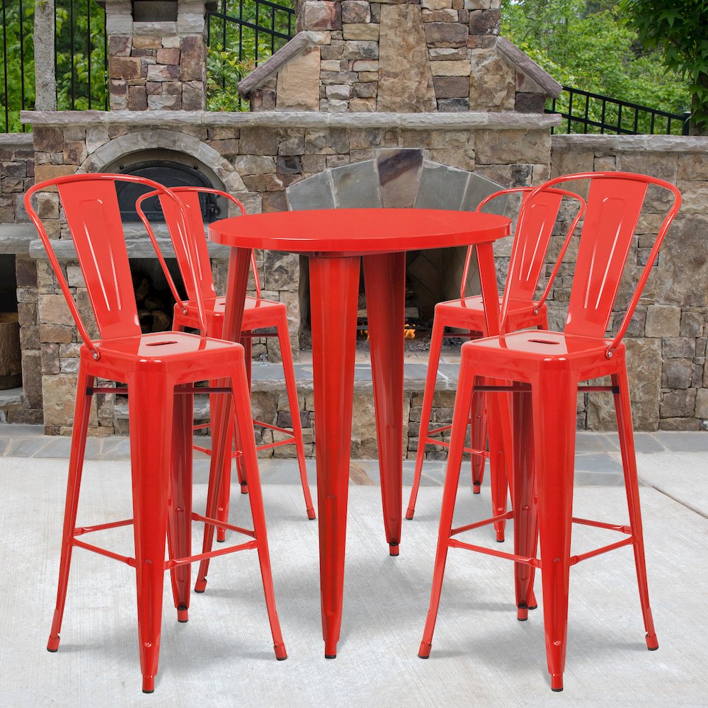 30" Round Red Metal Indoor-Outdoor Bar Table Set with 4 Cafe Stools. Picture 2