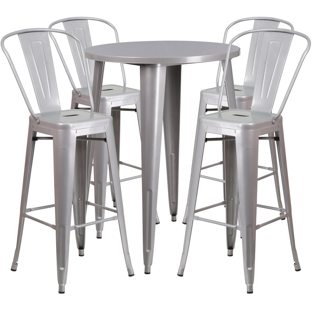 30" Round Silver Metal Indoor-Outdoor Bar Table Set with 4 Cafe Stools. Picture 1