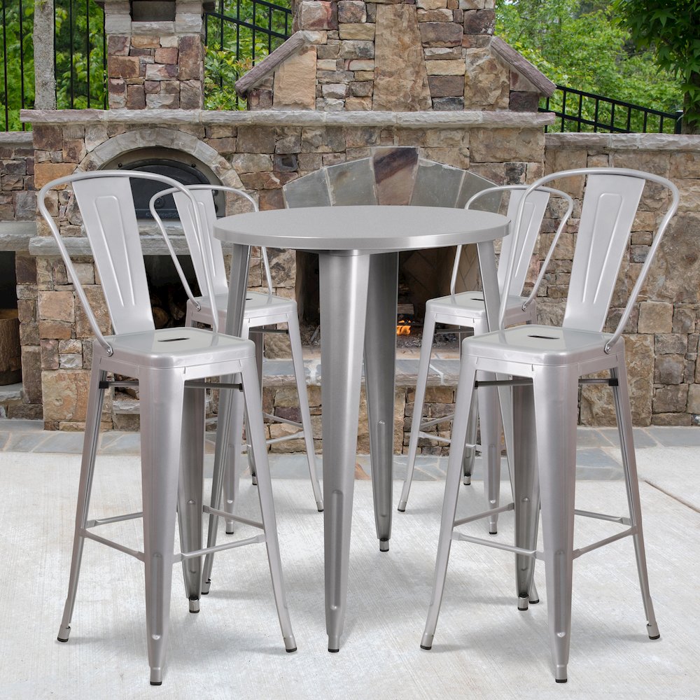 30" Round Silver Metal Indoor-Outdoor Bar Table Set with 4 Cafe Stools. Picture 2