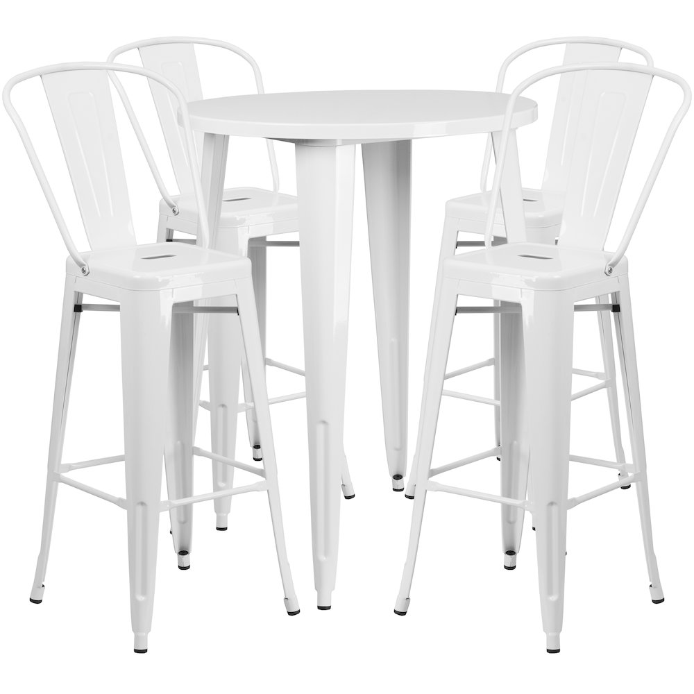 Commercial Grade 30" Round White Metal Indoor-Outdoor Bar Table Set with 4 Cafe Stools. Picture 1