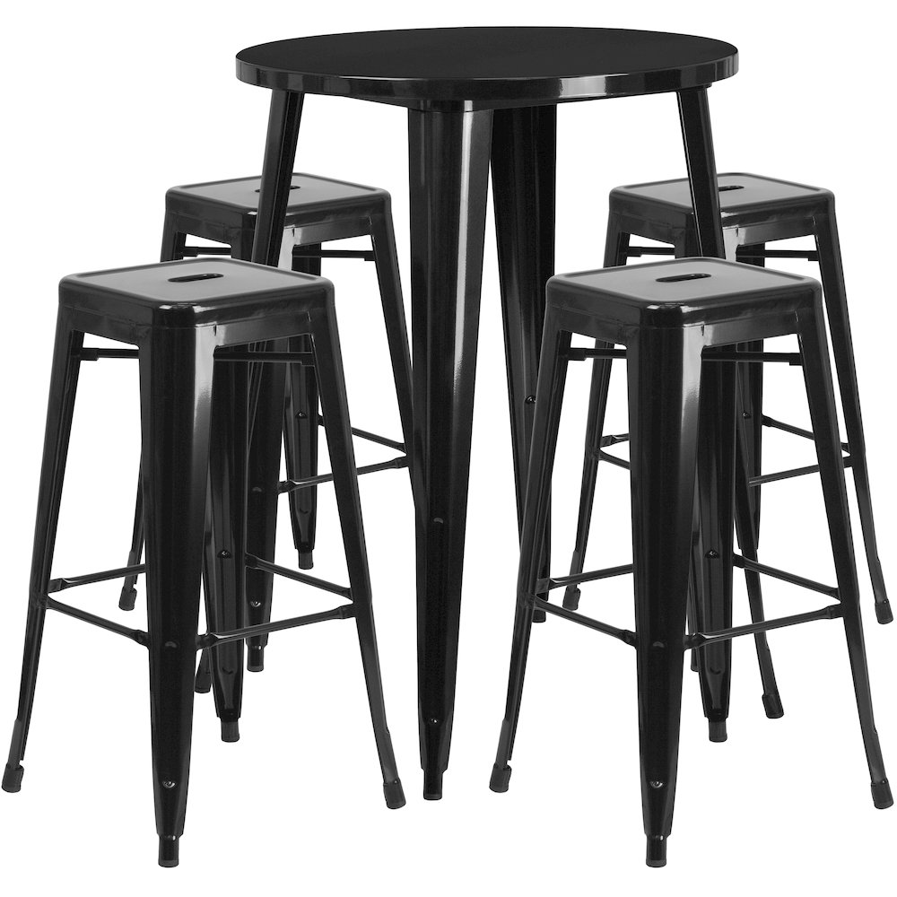 30" Round Black Metal Indoor-Outdoor Bar Table Set with 4 Seat Backless Stools. Picture 1