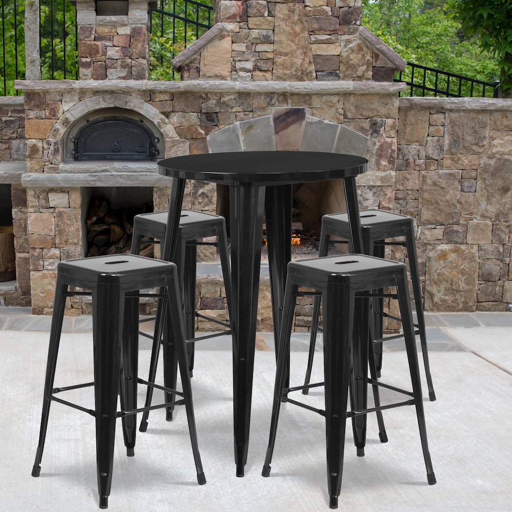 30" Round Black Metal Indoor-Outdoor Bar Table Set with 4 Seat Backless Stools. Picture 2