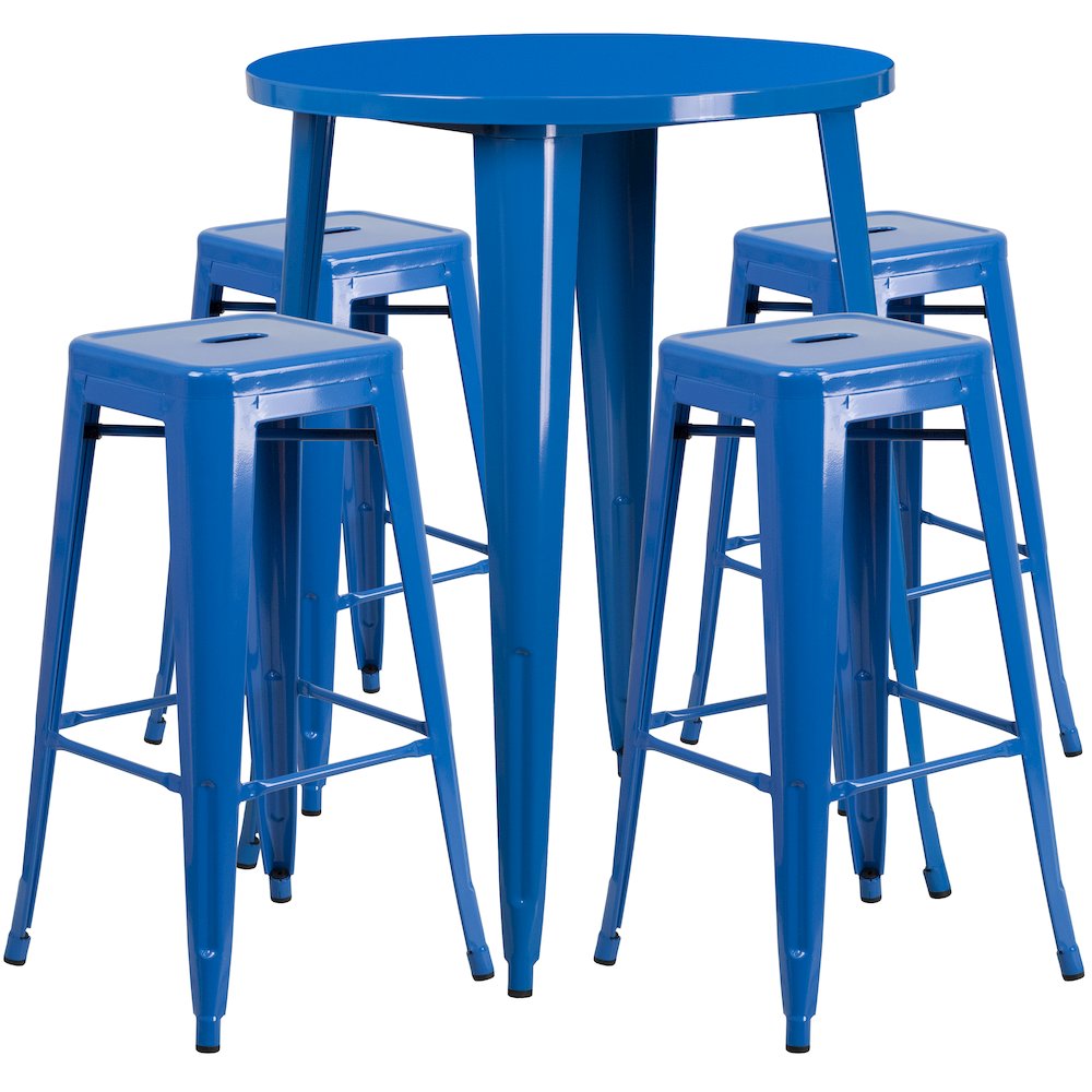 30" Round Blue Metal Indoor-Outdoor Bar Table Set with 4 Seat Backless Stools. Picture 1