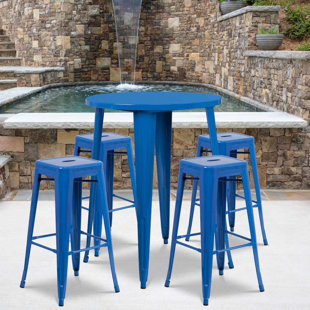 30" Round Blue Metal Indoor-Outdoor Bar Table Set with 4 Seat Backless Stools. Picture 2