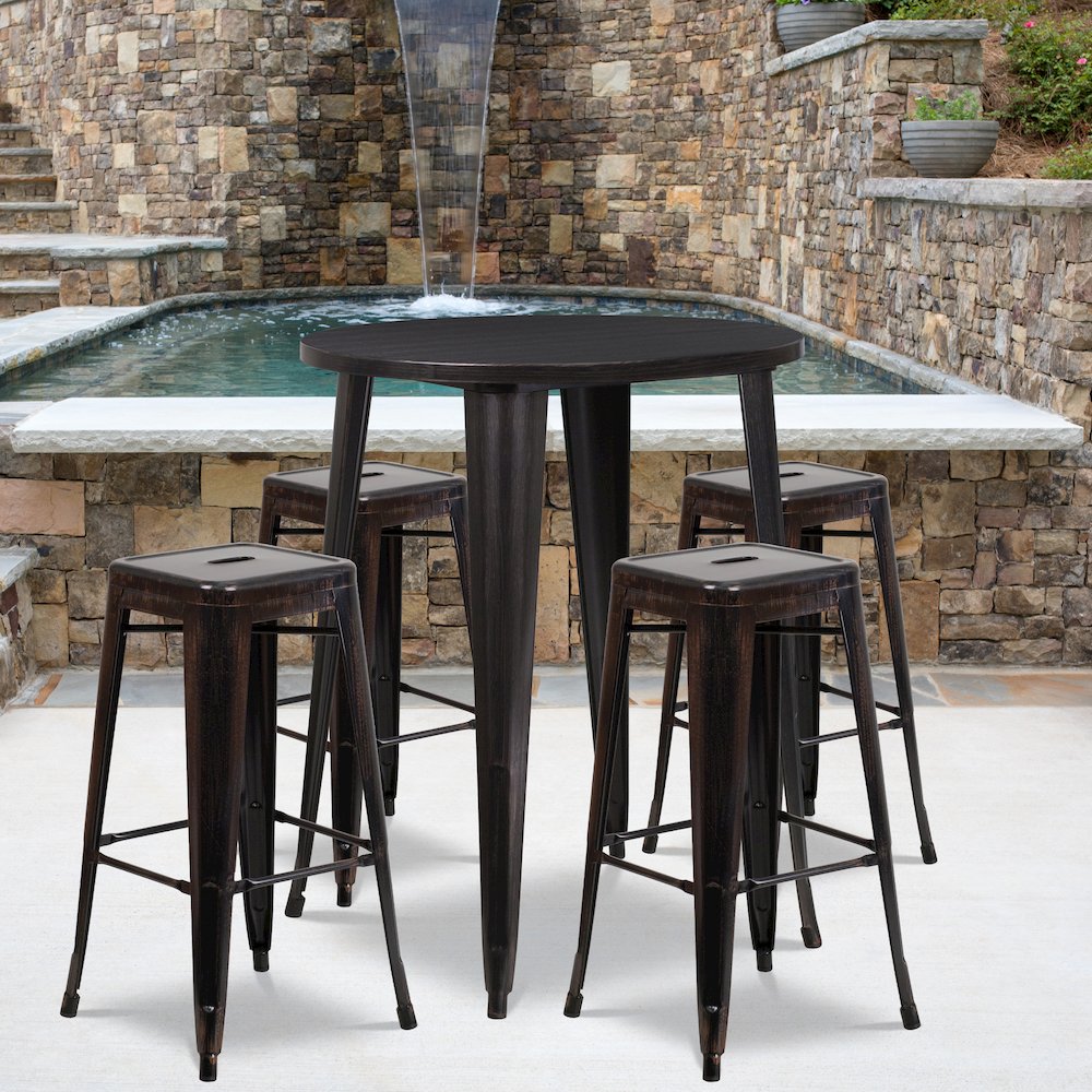30" Round Black-Antique Gold Metal Indoor-Bar Table Set with 4 Seat Stools. Picture 2