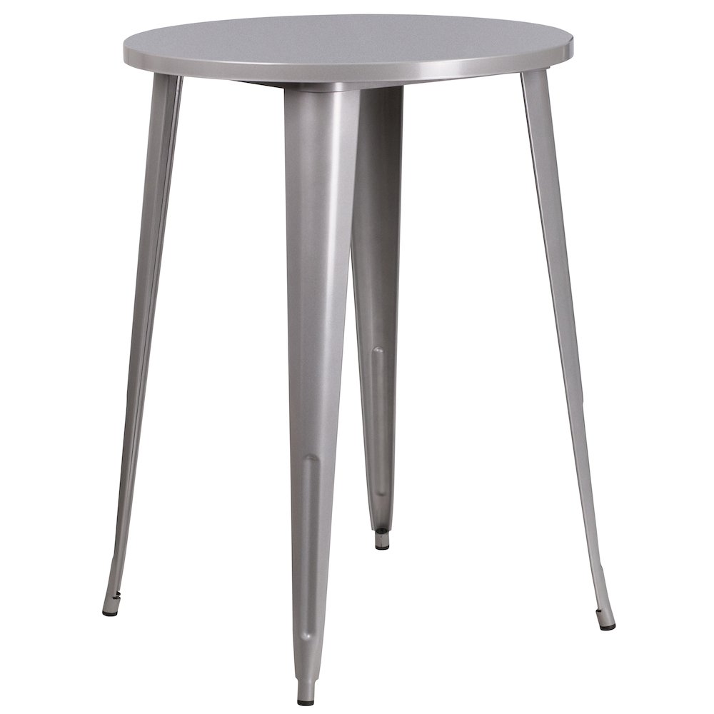 Commercial Grade 30" Round Silver Metal Indoor-Outdoor Bar Table Set with 4 Square Seat Backless Stools. Picture 2