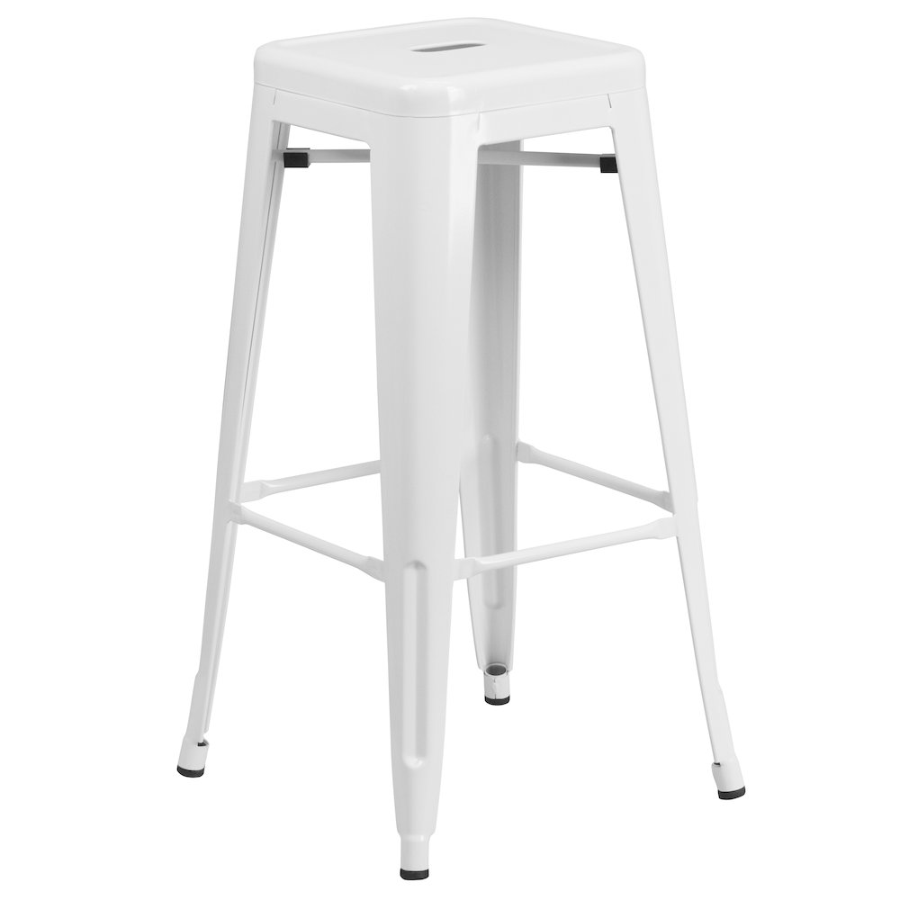 Commercial Grade 30" Round White Metal Indoor-Outdoor Bar Table Set with 4 Square Seat Backless Stools. Picture 3