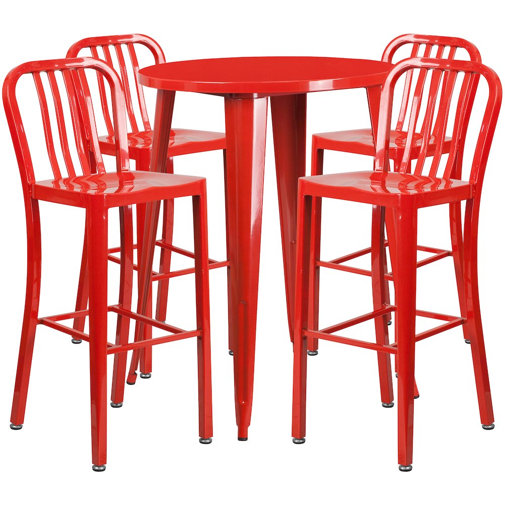 Commercial Grade 30" Round Red Metal Indoor-Outdoor Bar Table Set with 4 Vertical Slat Back Stools. Picture 1
