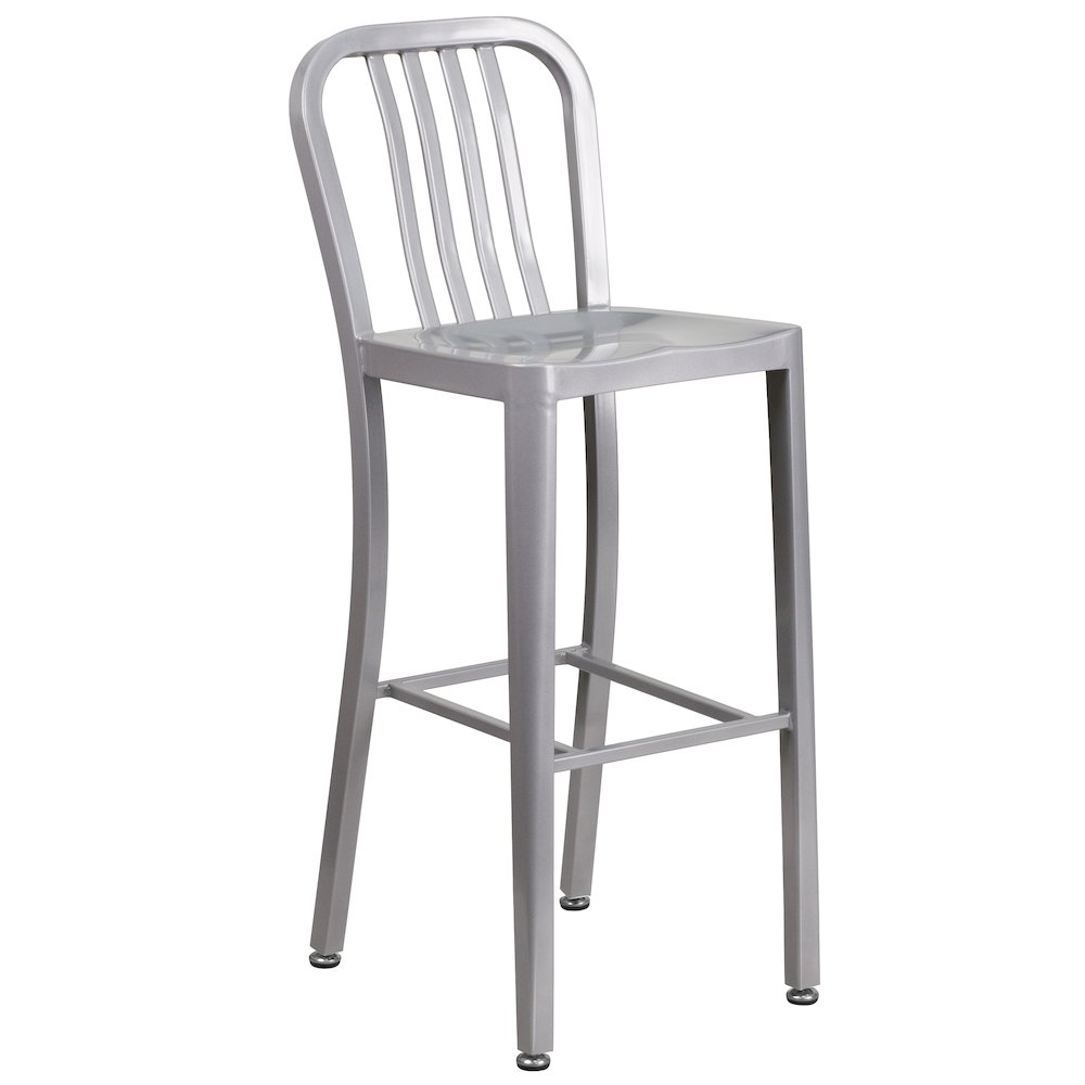Commercial Grade 30" Round Silver Metal Indoor-Outdoor Bar Table Set with 4 Vertical Slat Back Stools. Picture 3