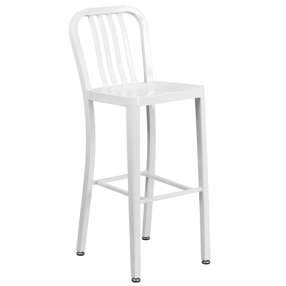 Commercial Grade 30" Round White Metal Indoor-Outdoor Bar Table Set with 4 Vertical Slat Back Stools. Picture 3