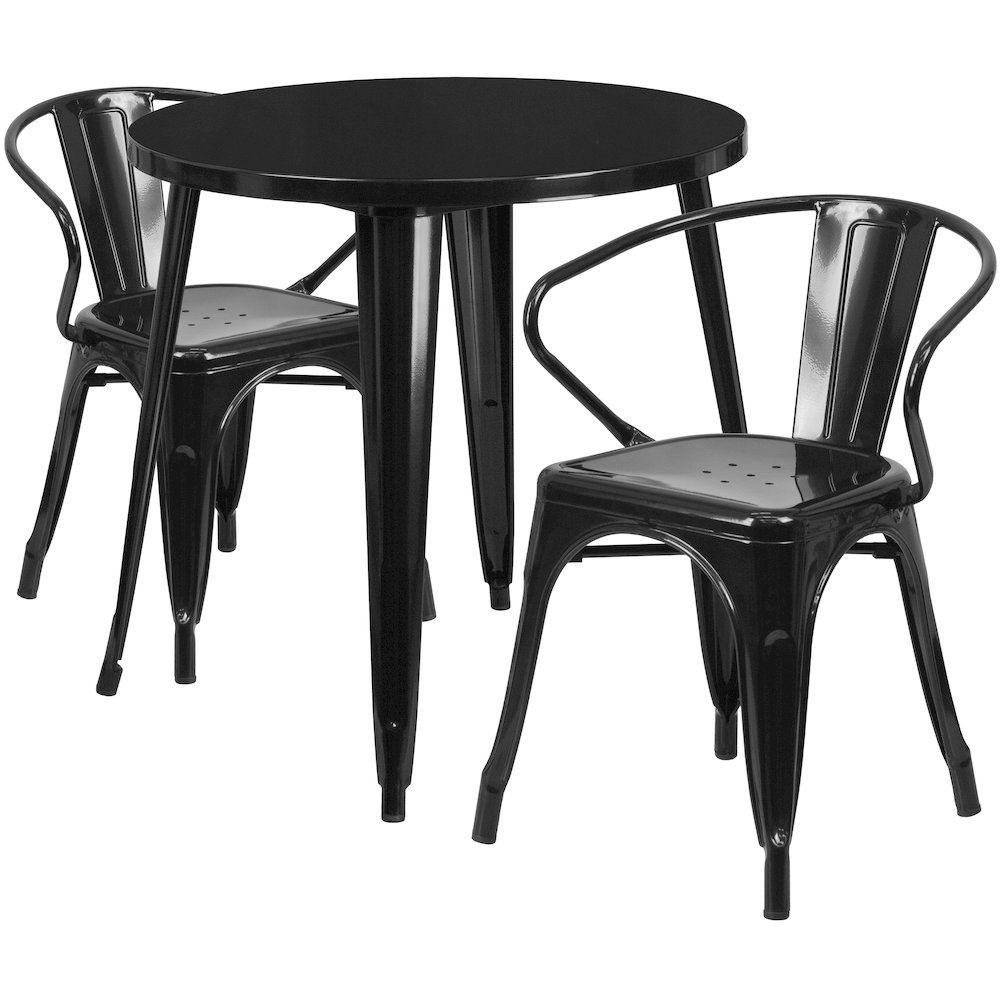 30" Round Black Metal Indoor-Outdoor Table Set with 2 Arm Chairs. Picture 1